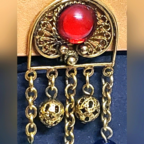 Antique Long Pretty Blue, Red, Green Cabochon Drop Dangle Beaded Earrings Matte. - Picture 5 of 8